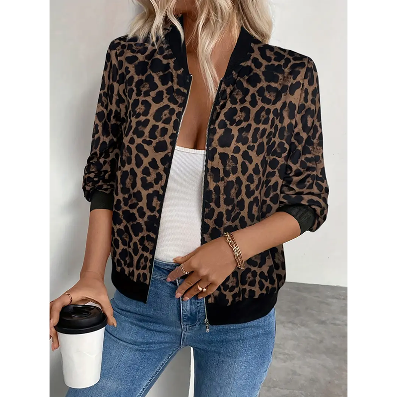 Women's Leopard Print Zip Up Lightweight Bomber Jacket Casual Long Sleeve Outerwear