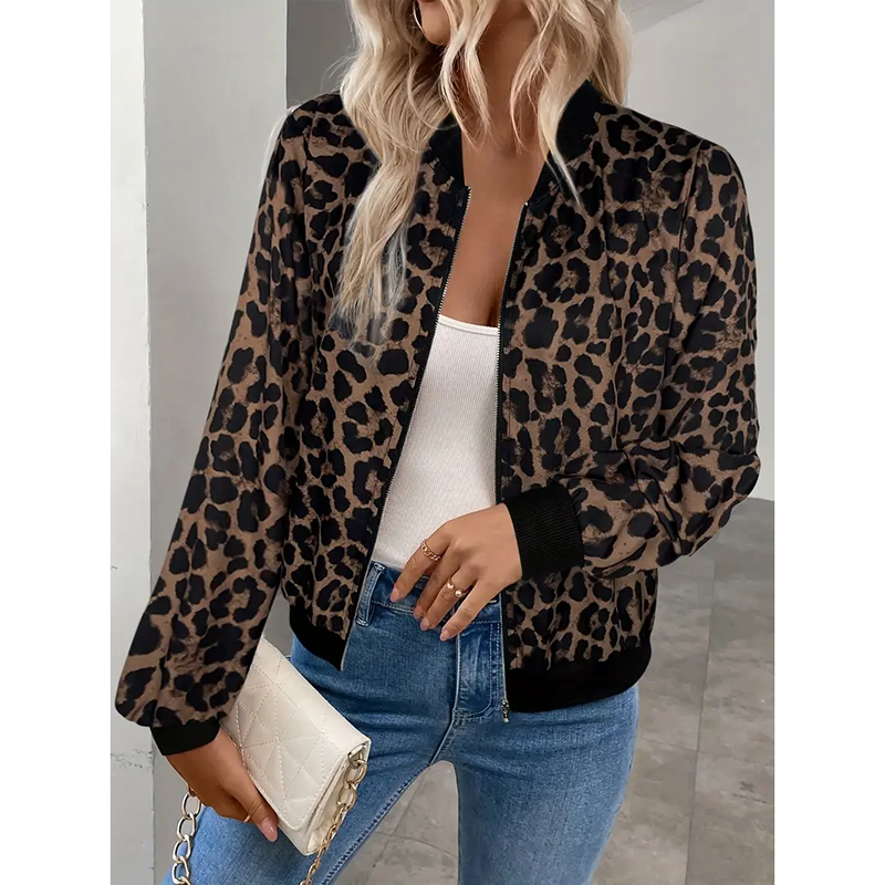 Women's Leopard Print Zip Up Lightweight Bomber Jacket Casual Long Sleeve Outerwear