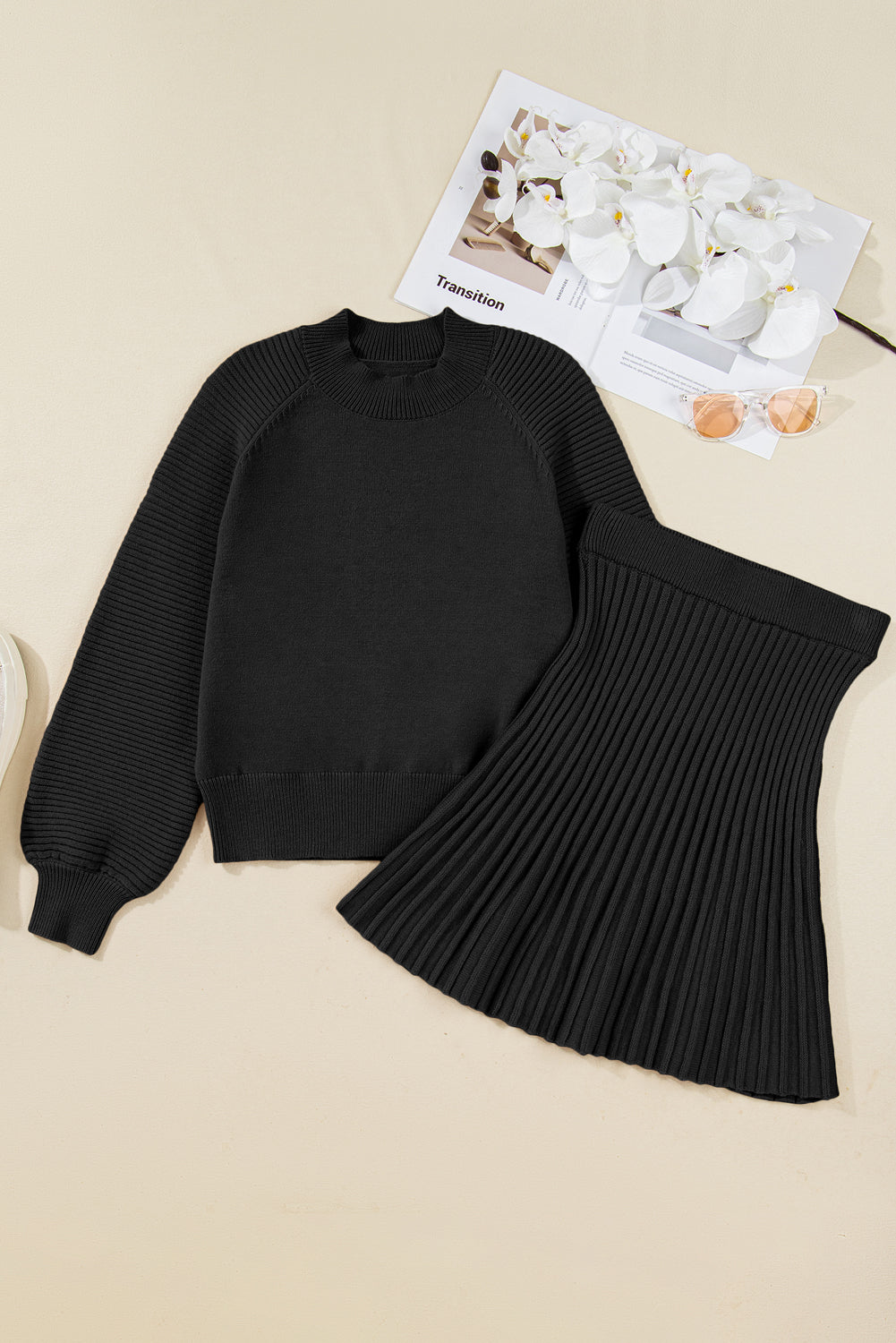 Black High Neck Puff Sleeve Sweater Pleated Mini Skirt 2pcs Knitted Outfit