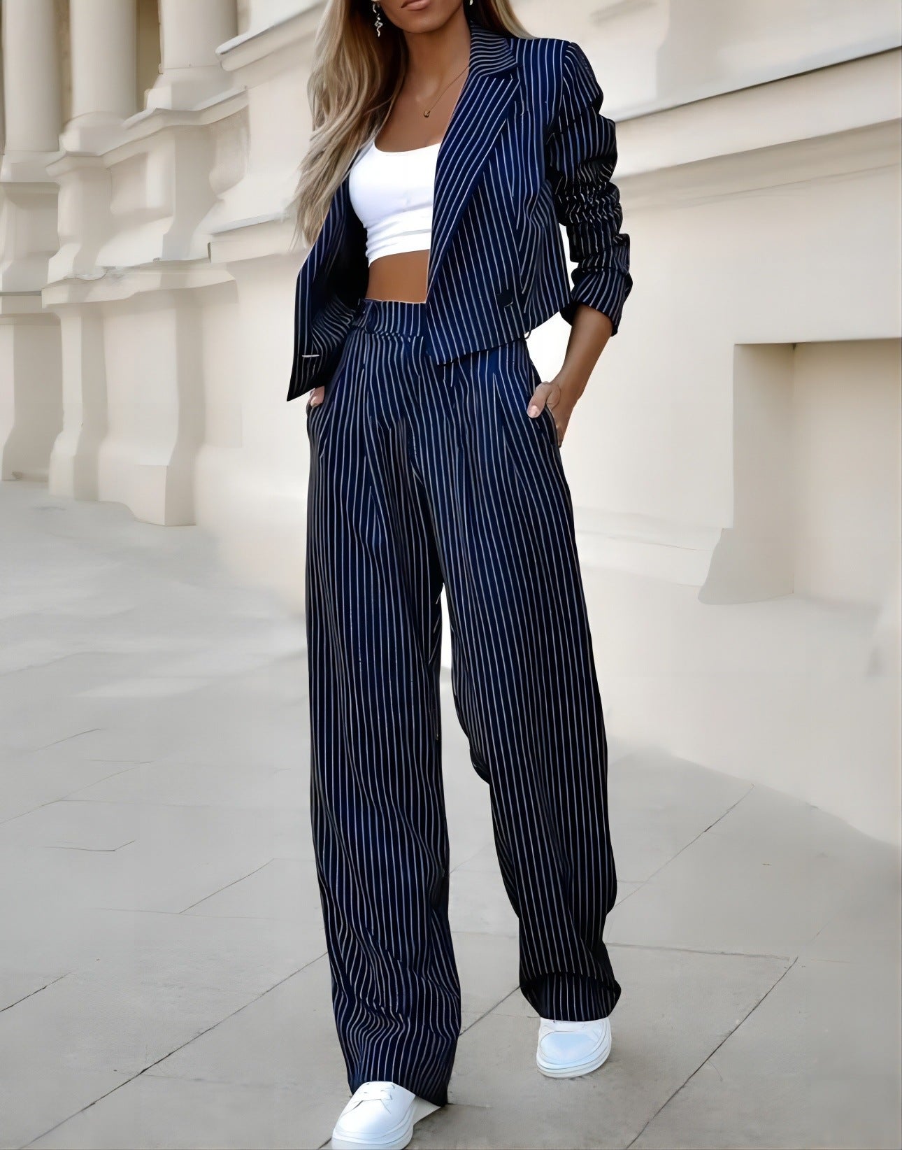 Women's Spring Fashion Striped Suits Casual Lapel Long Sleeve Cropped Top And Straight Pants Outfits Women's Clothing