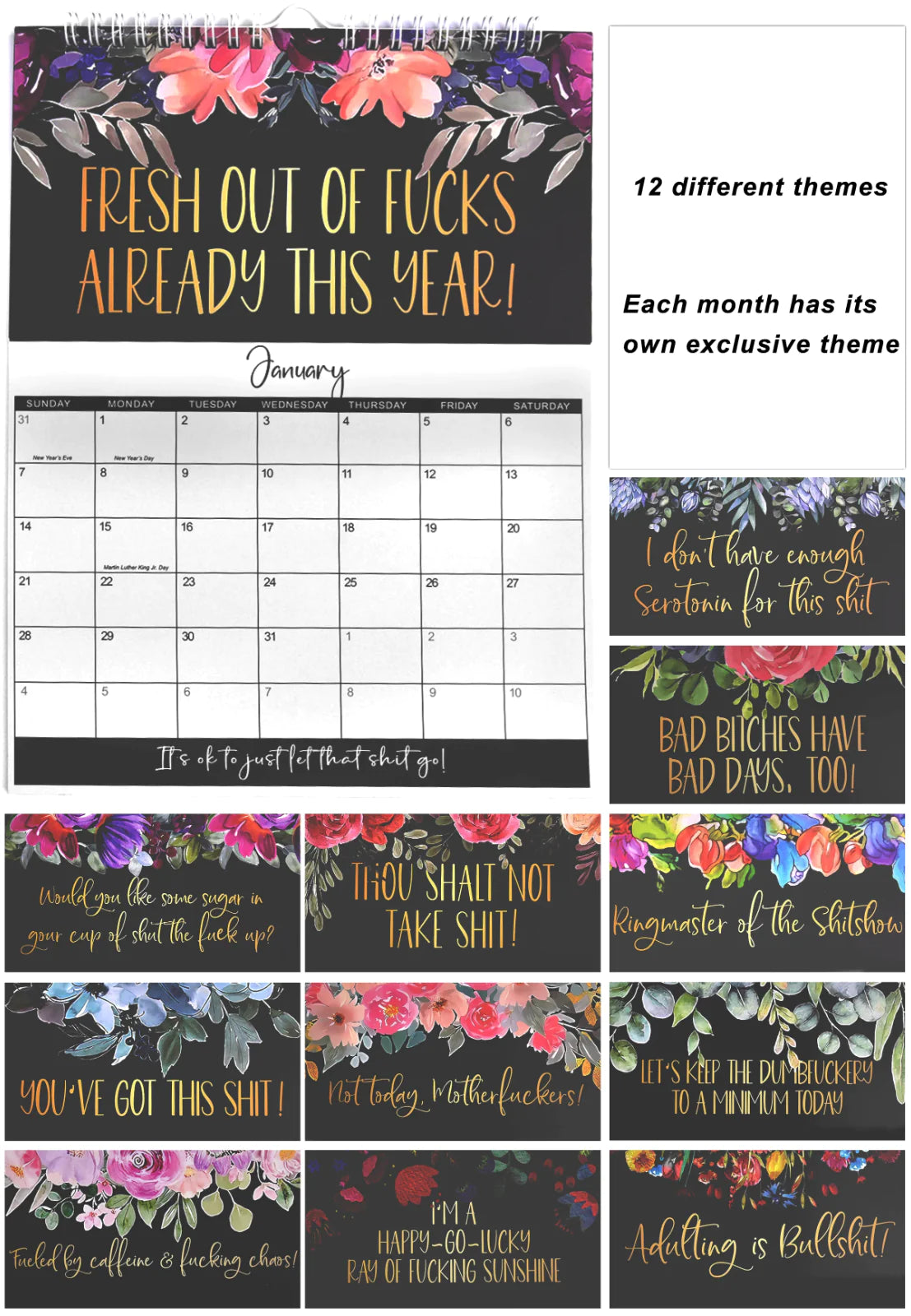 2024 Calendar For Tired-Ass Women Swear Word 12 Month Weekly Daily Wall Planner