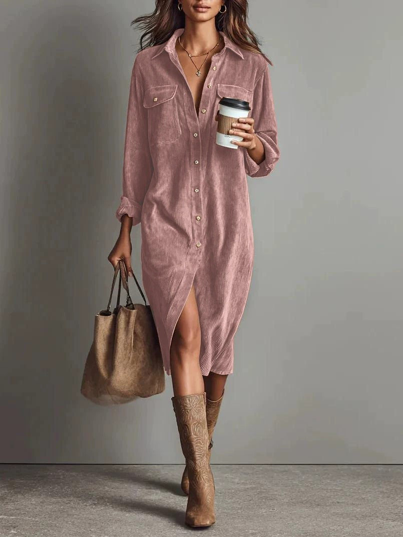 Turn-Down Collar Buttons Chic Casual Dress, Women Spring Autumn Solid Simple Party Dress, Long Sleeve Holiday Ladies Dress