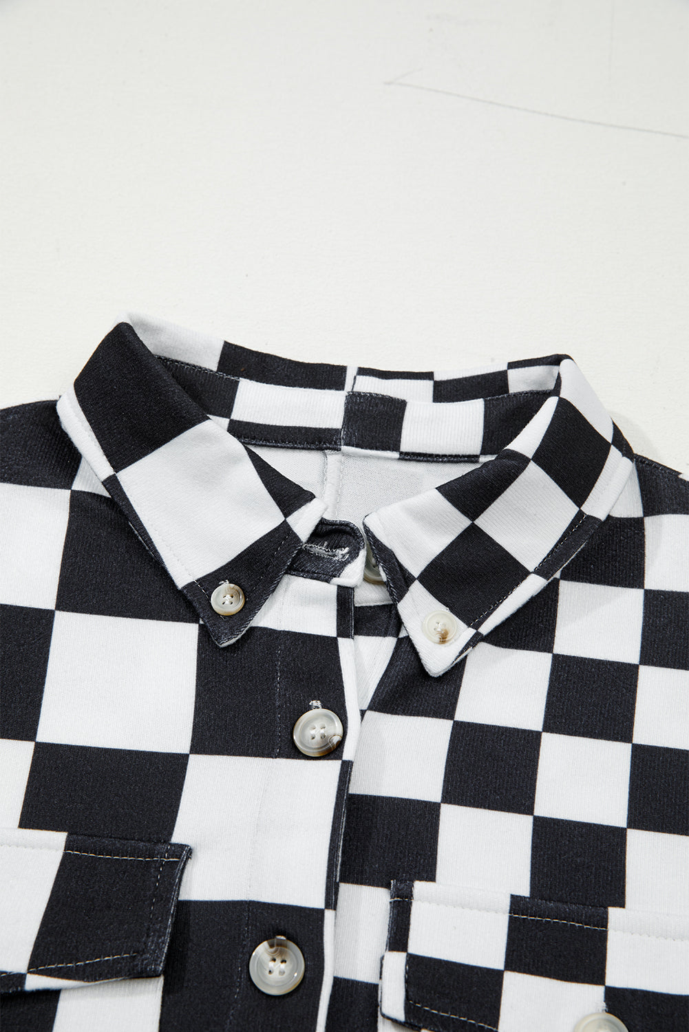 Black Checkerboard Flap Pocket Button Front Shacket