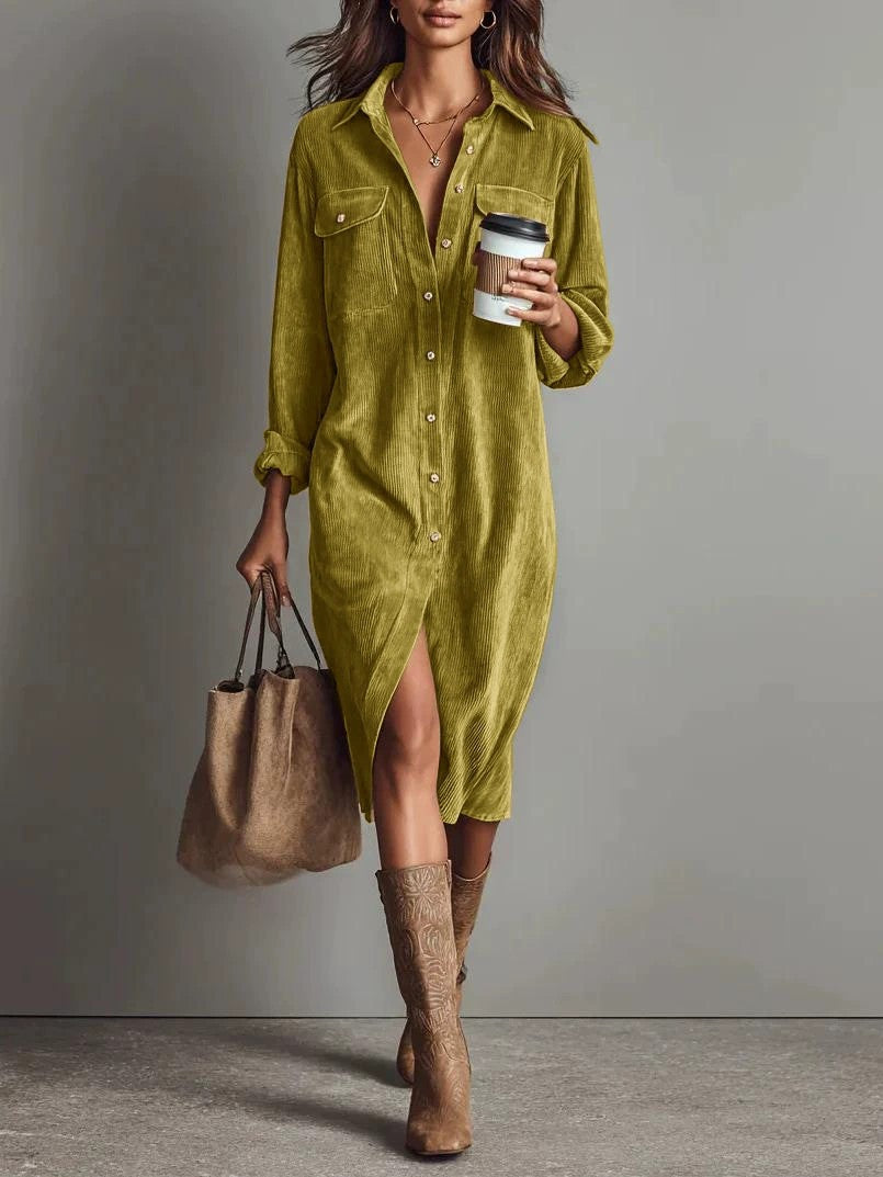 Turn-Down Collar Buttons Chic Casual Dress, Women Spring Autumn Solid Simple Party Dress, Long Sleeve Holiday Ladies Dress