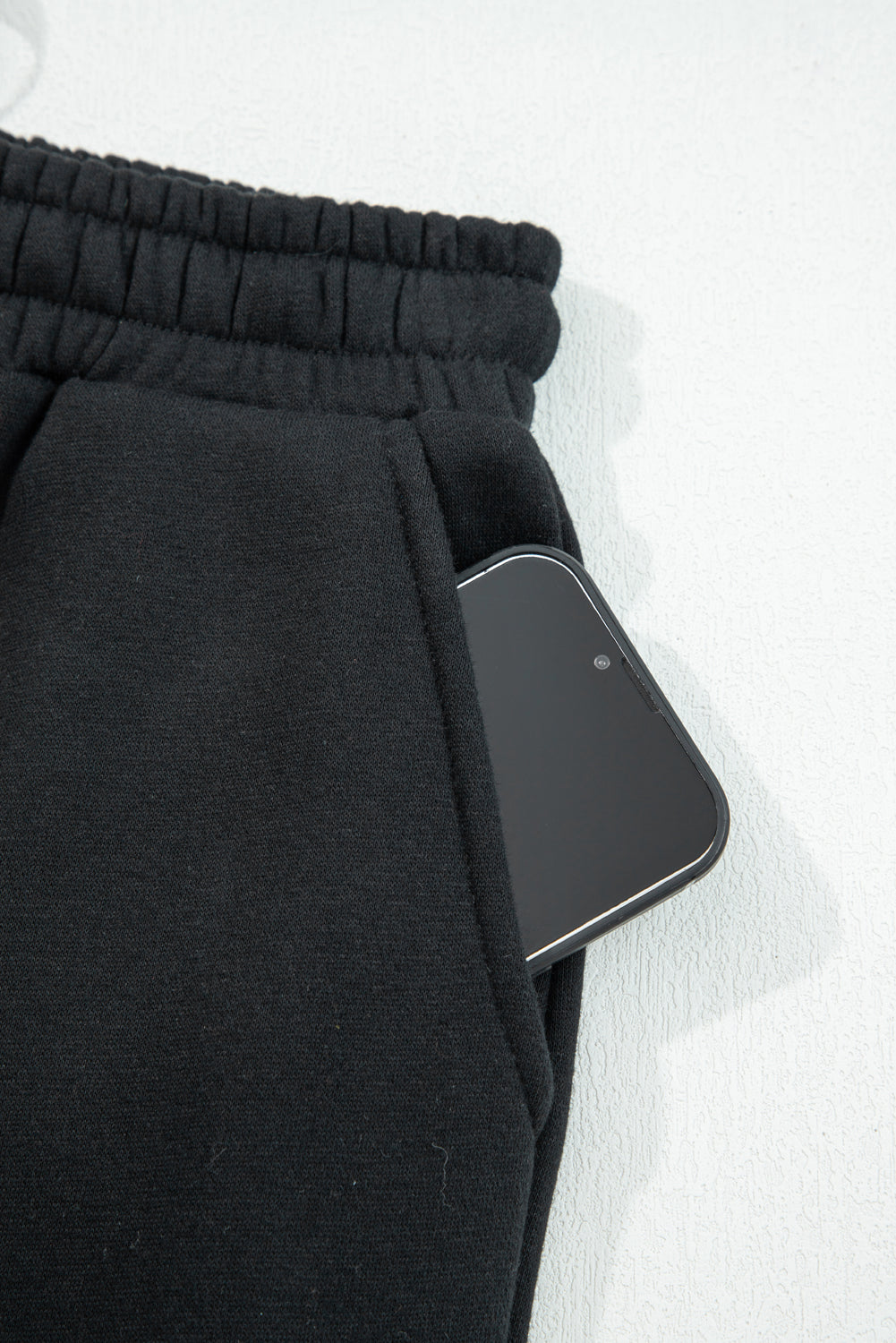 Black Fleece Lined Leopard Drawstring Elastic Waist Solid Pants